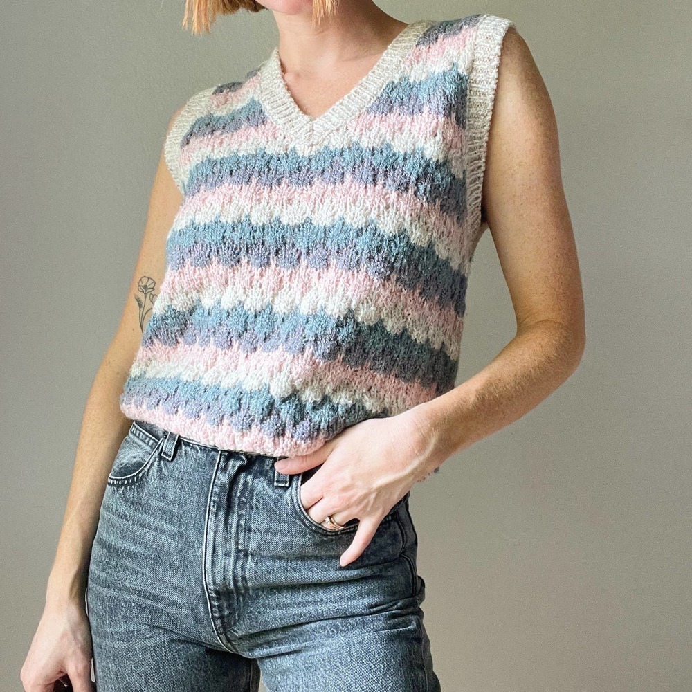 Vintage Pastel Striped Textured Knit V Neck Sweater Vest - Picture 3 of 5